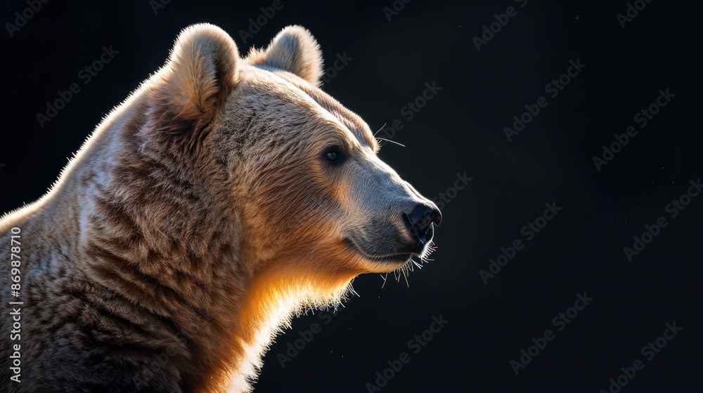 Fototapeta premium Beautiful side profile of a brown bear in natural light with dark background.