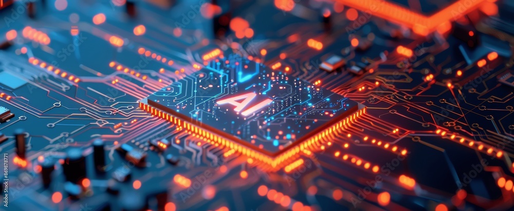 AI Processor Chip on a Circuit Board With Orange Lights AI Processor Chip on a Circuit Board With Orange Lights