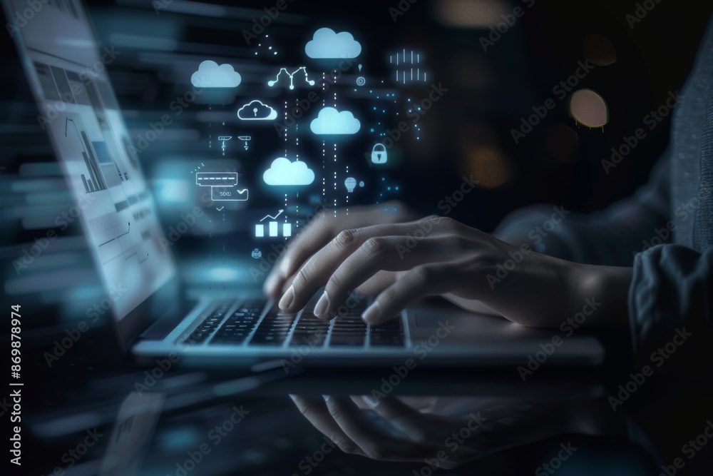 Close up of businessman hands typing on laptop keyboard with cloud technology icons floating above, indicating the use of AI for data analysis and marketing Close up of businessman hands typing on laptop keyboard with cloud technology icons floating above, indicating the use of AI for data analysis and marketing