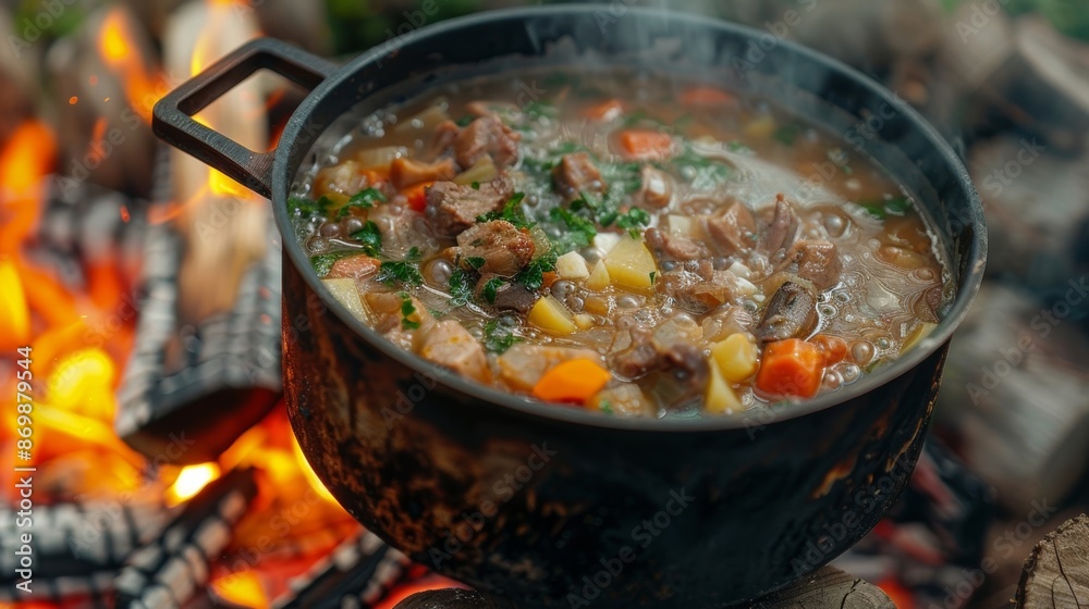 A pot of homemade soup bubbling over the fire with chunks of wild game meat adding heartiness to the dish. A pot of homemade soup bubbling over the fire with chunks of wild game meat adding heartiness to the dish.