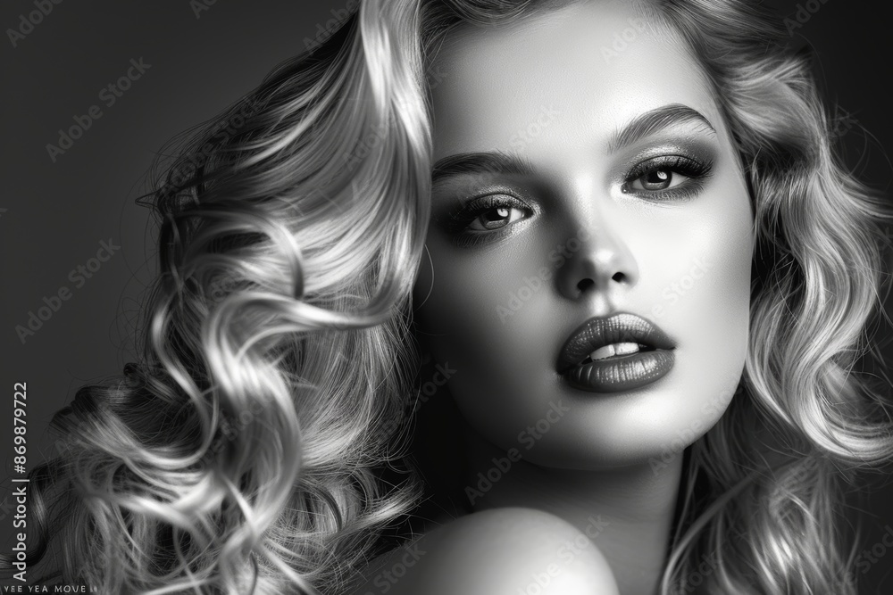 Blonde woman with long curly hair and perfect makeup. Black and white photograph. Salon Haircare or Skincare. Perfect hair and Smooth Skin Blonde woman with long curly hair and perfect makeup. Black and white photograph. Salon Haircare or Skincare. Perfect hair and Smooth Skin