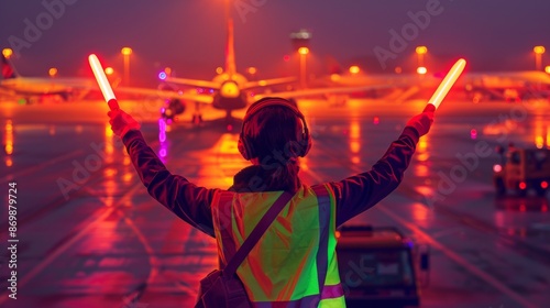 Back view of aviation marshaller directing aircraft landing. evening or night time. airport and aircraft transport management staff