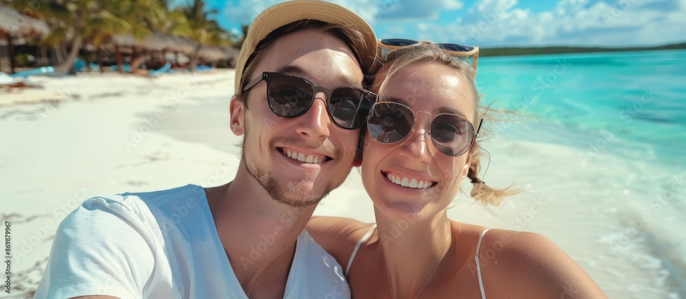 Fototapeta premium young couple on the beach smiling at camera in a selfie