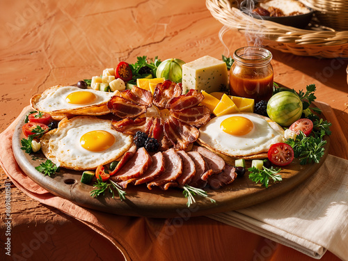 Lavish breakfast platter featuring eggs, meats, cheese, and fresh produce. Restaurant menus, brunch offerings, online order delivery, or gourmet food photography for culinary magazines. photo