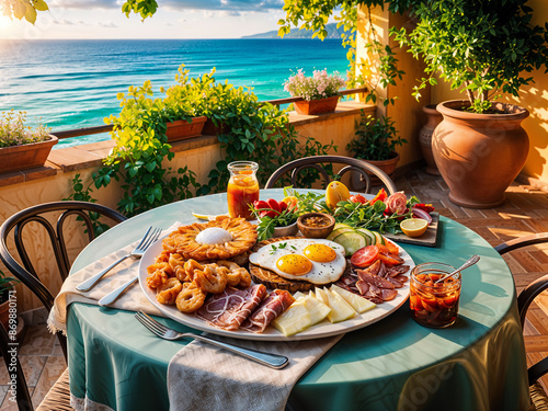 Lavish breakfast platter featuring eggs, meats, cheese, and fresh produce. Restaurant menus, brunch offerings, online order delivery, or gourmet food photography for culinary magazines. photo