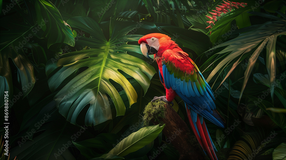 Macaw parrot in the tropical jungle around the green foliage Macaw parrot in the tropical jungle around the green foliage