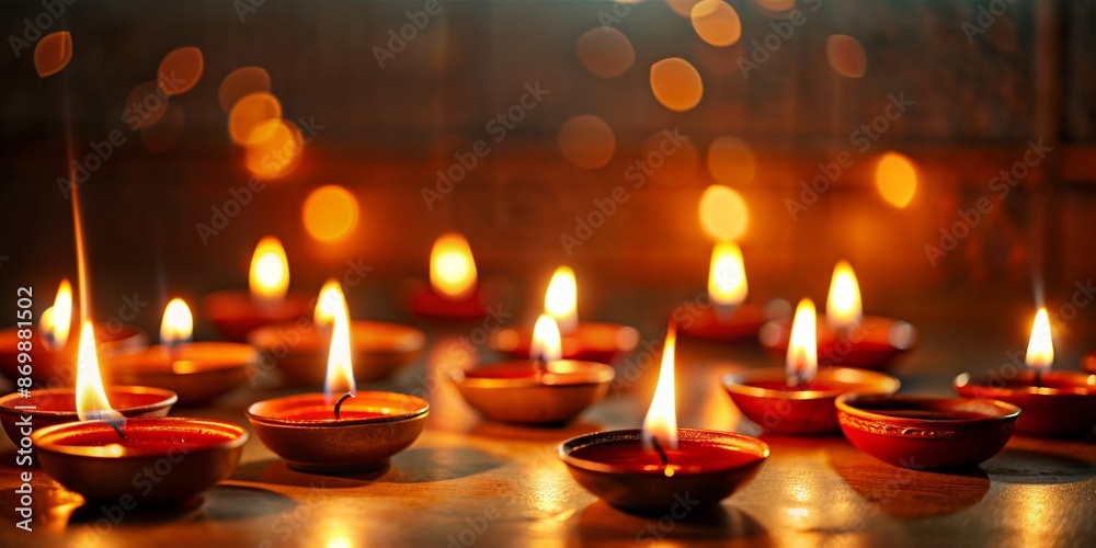 Multiple oil lamps or diyas are burning brightly on a blurred background with bokeh, creating a warm festive atmosphere for the diwali celebration Multiple oil lamps or diyas are burning brightly on a blurred background with bokeh, creating a warm festive atmosphere for the diwali celebration