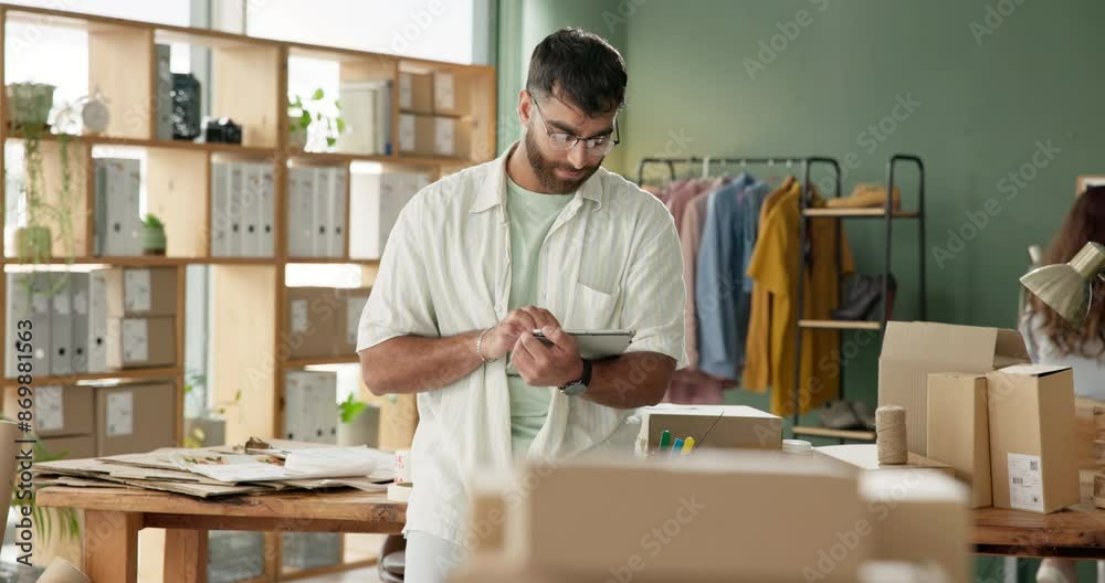 Delivery, tablet and thinking with man in office for distribution ...