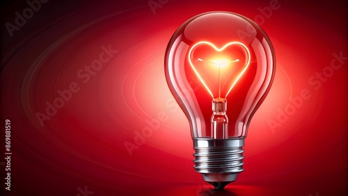 Vibrant red background features a glowing light bulb with a heart-shaped filament, symbolizing love and passion, perfect for Valentine's Day themed designs and projects.
