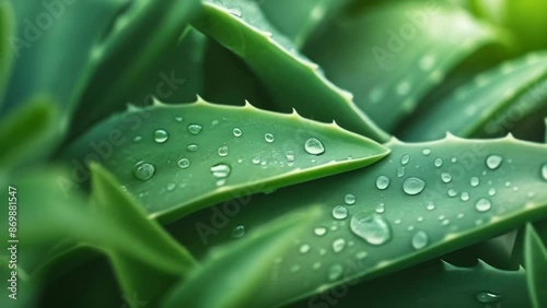 A detailed close-up of vibrant green aloe vera leaves, glistening with water droplets. This fresh and natural image was captured in soft morning light, highlighting the plant's texture and vitality.
