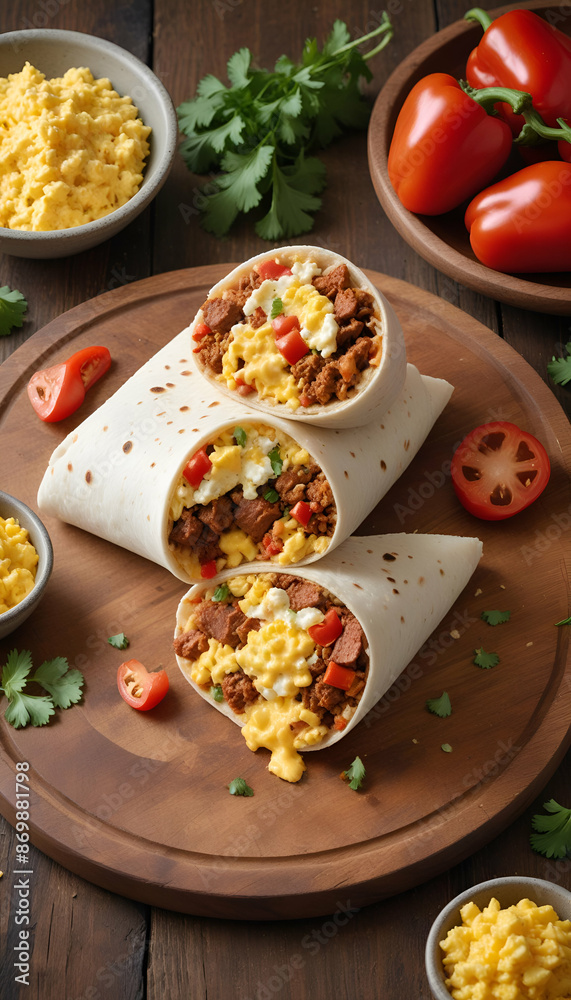 Rustic Wholesomeness: Mouthwatering Brunch Dish with Hearty Burrito, Fresh Garnishes, and Studio-Lit Emphasis on Wholesome Appeal and Vibrant Presentation Rustic Wholesomeness: Mouthwatering Brunch Dish with Hearty Burrito, Fresh Garnishes, and Studio-Lit Emphasis on Wholesome Appeal and Vibrant Presentation