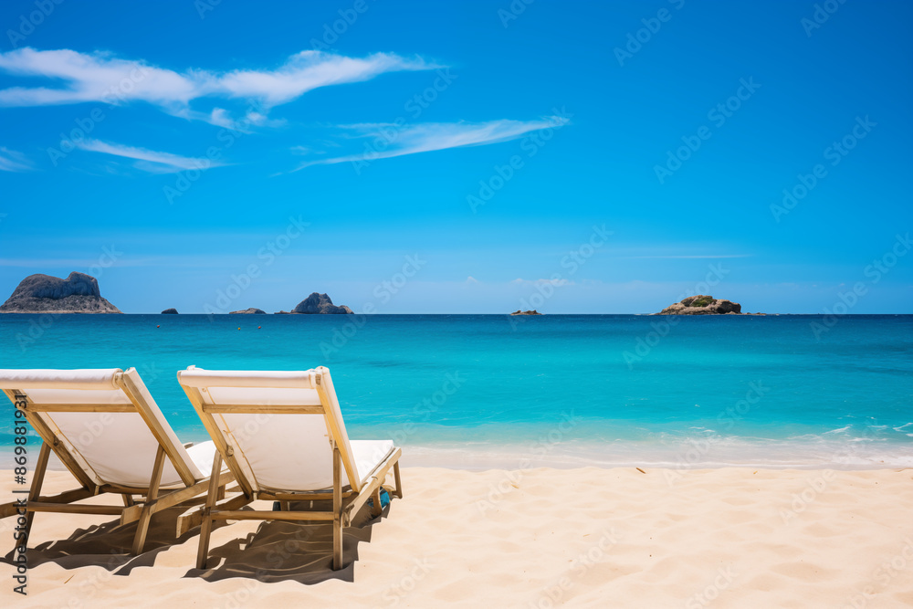 Breathtaking View of Azure Sea Blending Into Clear Blue Sky on A Golden Sandy Beach in Ibiza Breathtaking View of Azure Sea Blending Into Clear Blue Sky on A Golden Sandy Beach in Ibiza