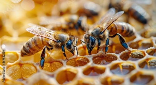 Bees Working on a Honeycomb With Freshly Made Honey