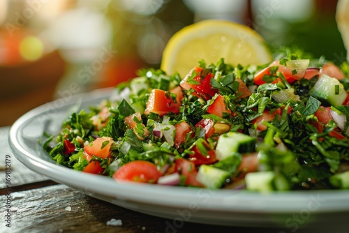 In a white dish, Turkish Coban salata, also known as Shepherd's salad.
