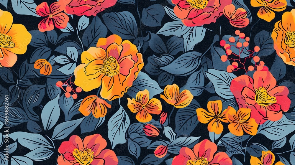 custom made wallpaper toronto digitalFloral Pattern with Orange and Red Flowers on a Dark Blue Background