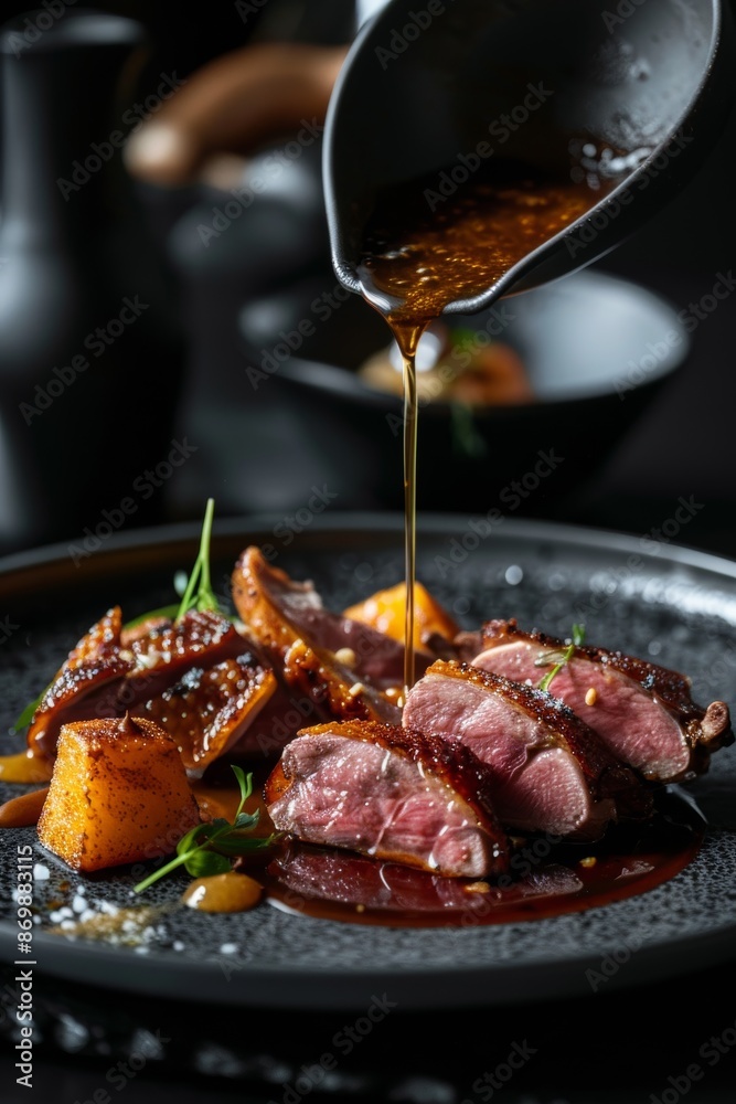 upscale, pricey, gourmet supper chef cuisine on a dark, black plate upscale, pricey, gourmet supper chef cuisine on a dark, black plate