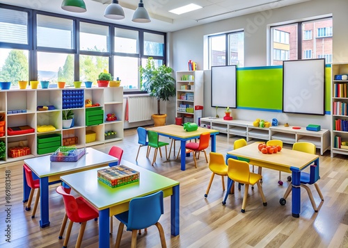 Colorful classroom setup showcases diverse teaching methods, featuring interactive whiteboards, educational charts, books, and toys, catering to different learning styles and abilities.