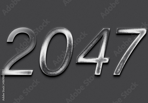 Chrome metal 3D number design of 2047 on grey background.