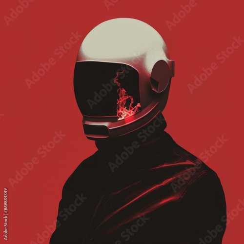 Man wearing a white balaclava and a robot helmet with a flame on it against a dark red background in the minimalistic style of album cover art