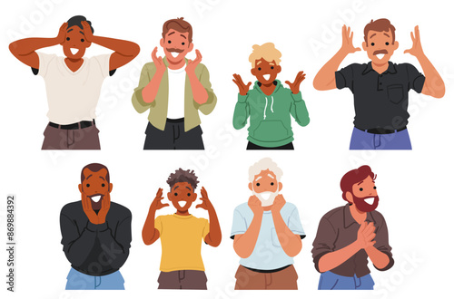 Cartoon Vector Male Characters Expressing Surprise And Happiness With Diverse Expressions And Enthusiasm.