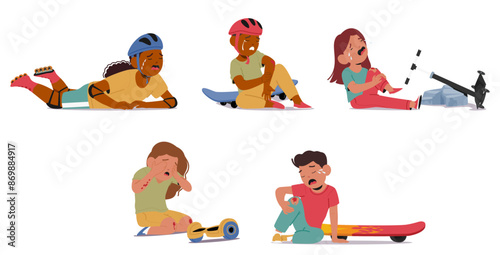 Children Experiencing Injuries From Accidents Involving Rollerblades, Skateboards, Scooters And Hoverboards Vector Image
