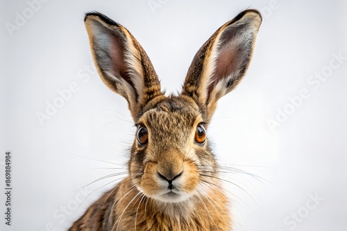 A solo hare with soft fur and large brown eyes standing upright, looking curious, on a transparent background with subtle shadows.