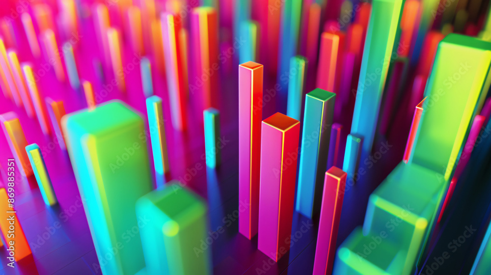 Bar charts with many colors going up and down for stock market investment