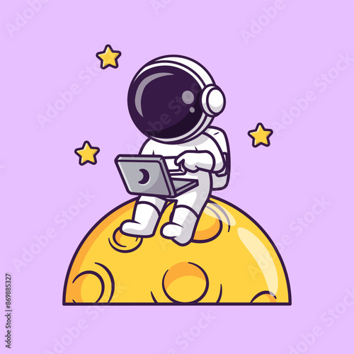 Cute Astronaut Working With Laptop On Moon With Star 
Cartoon Vector Icon Illustration. Science Technology Icon 
Concept Isolated Premium Vector. Flat Cartoon Style