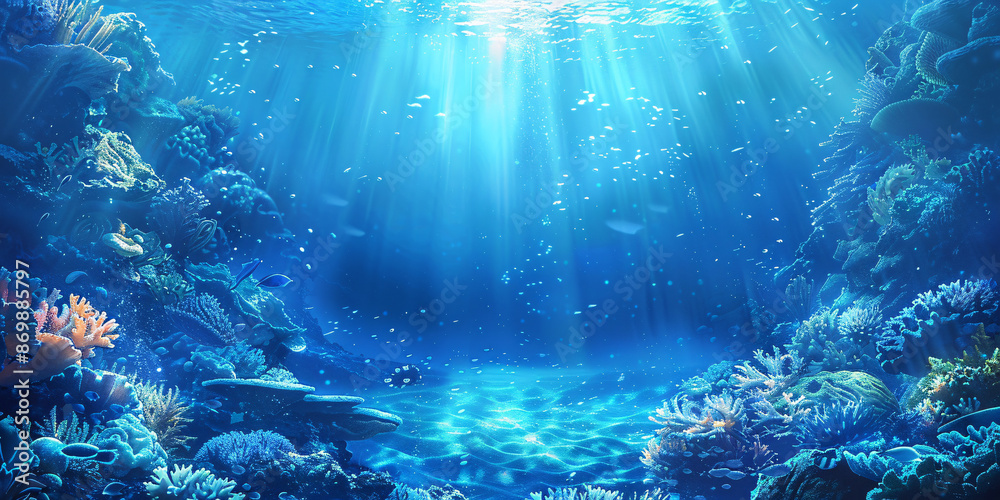 Naklejka premium Beautiful blue ocean background with sunlight and undersea scene, perfect for travel and leisure-themed designs