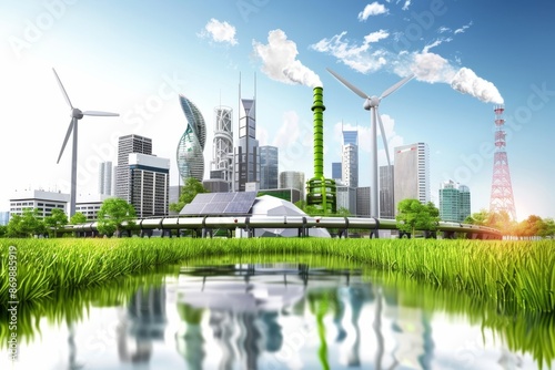 Modern cityscape with wind turbines and solar panels surrounded by lush green grass symbolizing sustainable urban development and renewable energy integration under clear skies