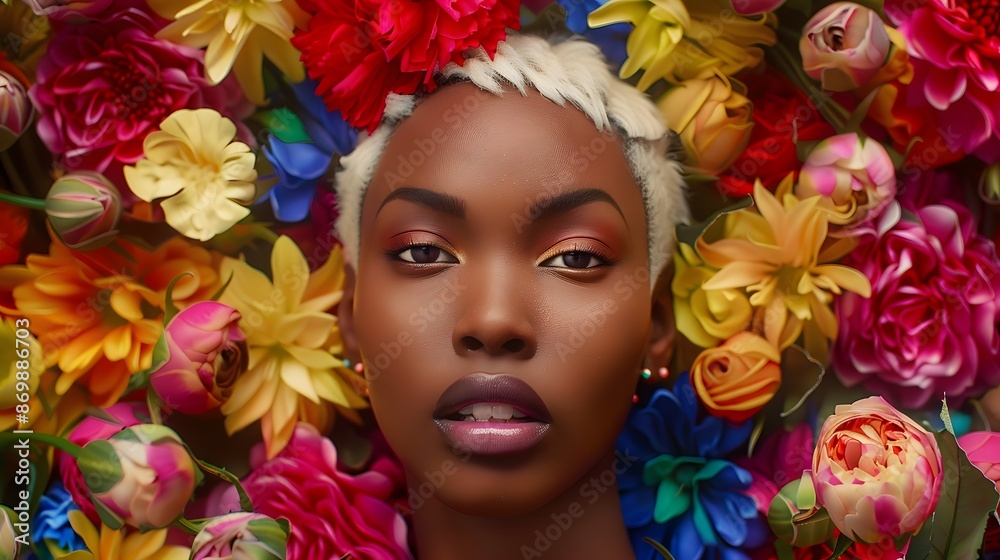 Black woman, model, among the blossoms, roses Black woman, model, among the blossoms, roses