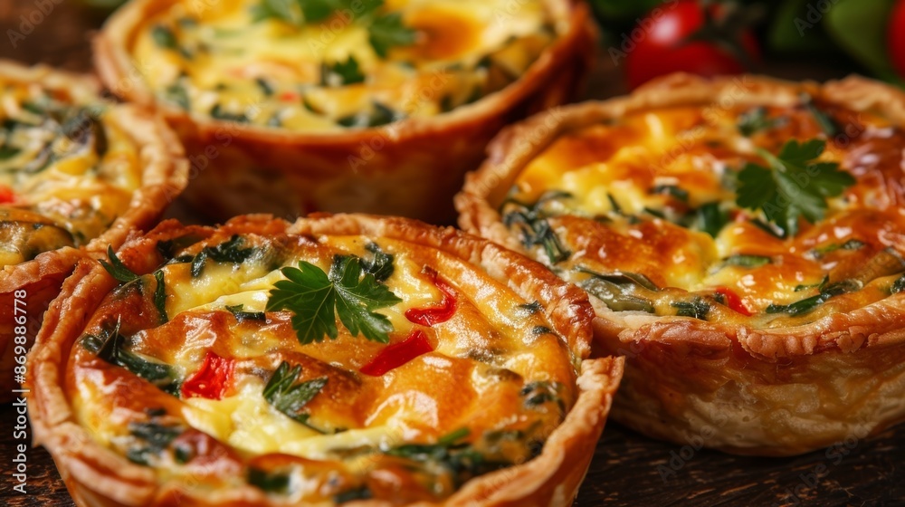 Savory quiches filled with herbs vegetables and gooey melted cheese.