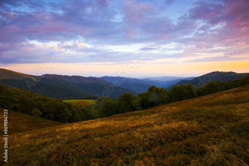 panoramic summer foggy scenery, scenic sunrise morning view in Carpathian mountains, Ukraine, Europe	