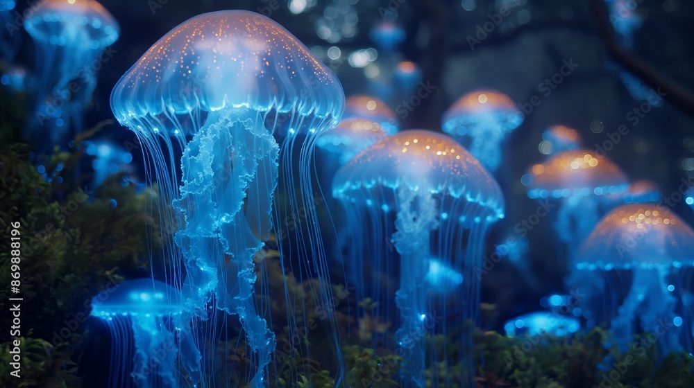 Jellyfish with neon glow light effect in aquarium, ibioluminescent jellyfish Jellyfish with neon glow light effect in aquarium, ibioluminescent jellyfish
