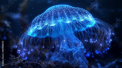 Jellyfish with neon glow light effect in aquarium, ibioluminescent jellyfish © acnaleksy