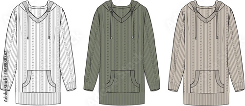 Women's  Hooded Cable Tunic. Technical fashion illustration. Front, white, khaki, and ecru color. Women's CAD mock-up.