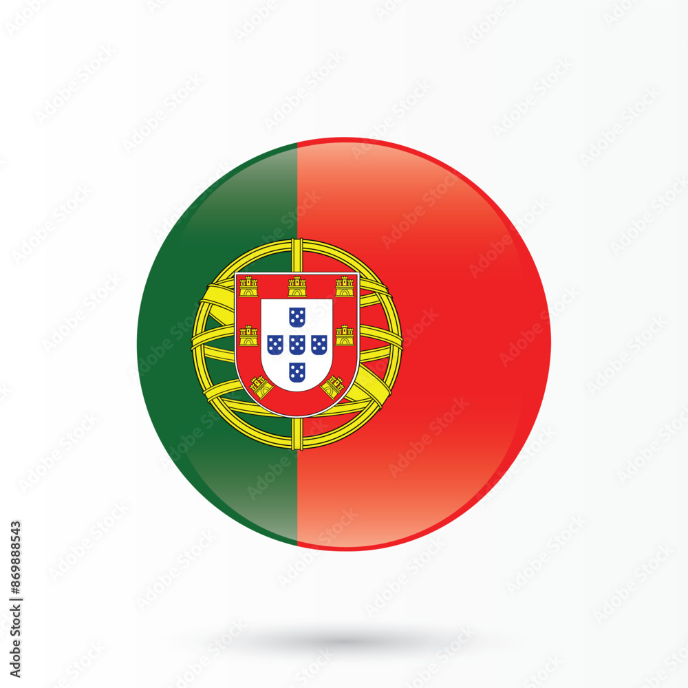 Portugal Flag. National flag of Portugal. Round glossy shining flag vector isolated illustration on white background for national day or independence day celebrations stickers posters flyers and web Portugal Flag. National flag of Portugal. Round glossy shining flag vector isolated illustration on white background for national day or independence day celebrations stickers posters flyers and web
