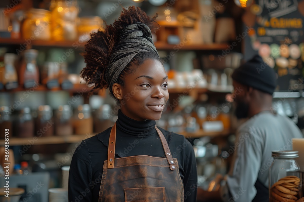 Woman With Headscarf Working at Coffee Shop Counter Woman With Headscarf Working at Coffee Shop Counter