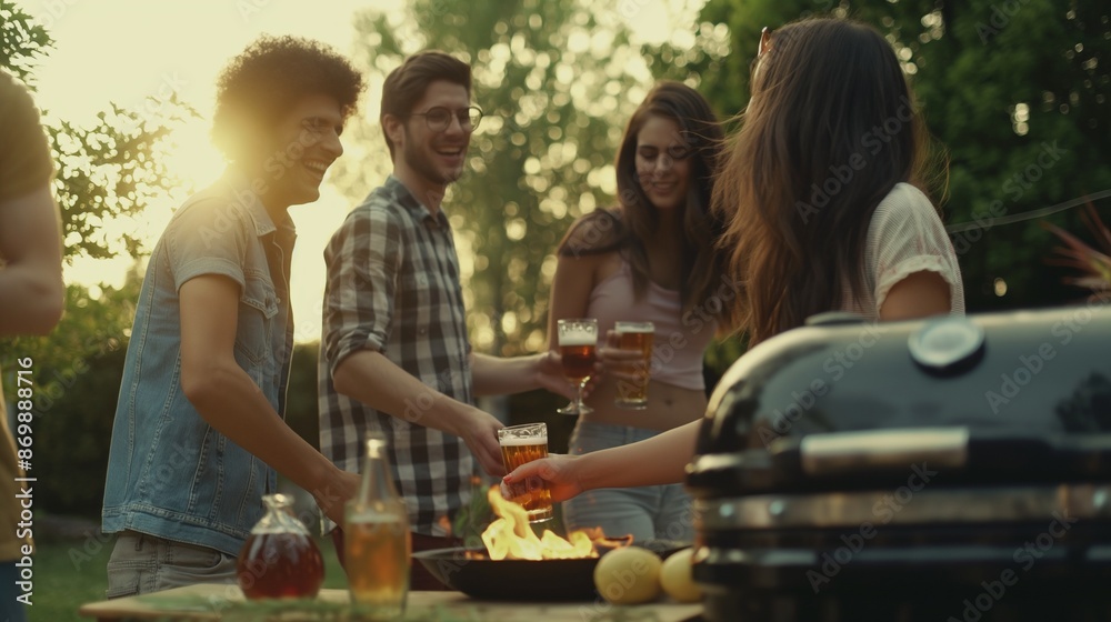 Group of friends having fun and drinking beer together at a barbecue party Group of friends having fun and drinking beer together at a barbecue party