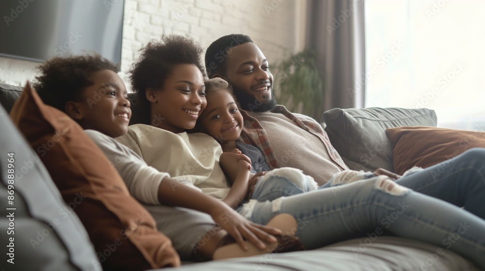 african Family sitting together on a couch and watching TV african Family sitting together on a couch and watching TV