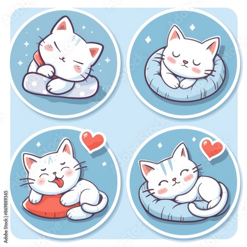Set of cute cartoon stickers featuring cats and kittens sleeping on soft pillows with hearts, set against a serene blue background. © Neuraldesign