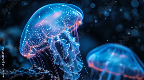 Jellyfish with neon glow light effect in aquarium, ibioluminescent jellyfish photo