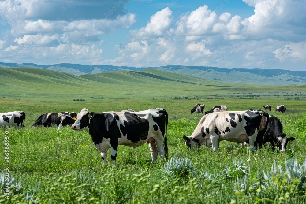 Holstein Cows in Pastureland, awe, Full body view, Side Angle Beside body View Holstein Cows in Pastureland, awe, Full body view, Side Angle Beside body View