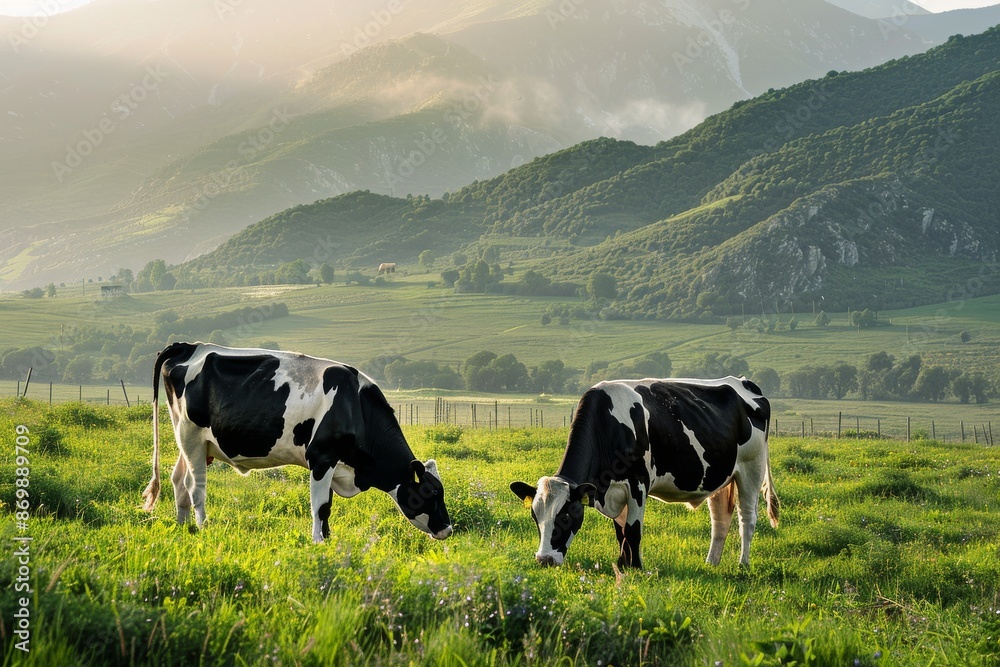 Holstein cows in Pastureland, calmness, Comport, High Angle View,Side Angle,Left side view Holstein cows in Pastureland, calmness, Comport, High Angle View,Side Angle,Left side view