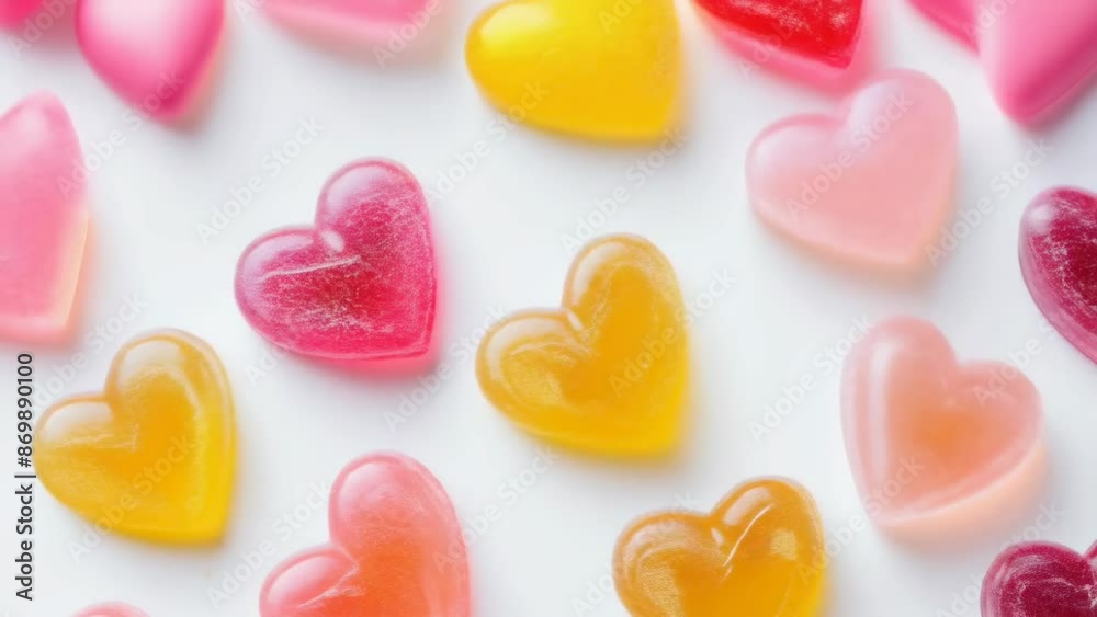 A close-up of colorful, heart-shaped gummy candies arranged on a white background. The candies come in a variety of flavors, featuring red, pink, orange, and yellow hues. The image exudes a cheerful A close-up of colorful, heart-shaped gummy candies arranged on a white background. The candies come in a variety of flavors, featuring red, pink, orange, and yellow hues. The image exudes a cheerful