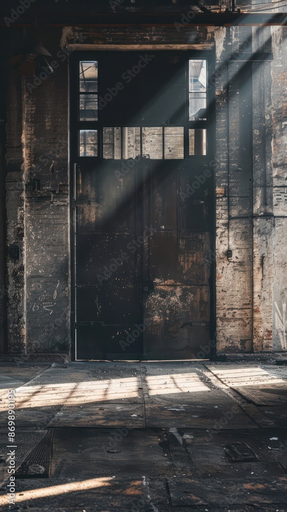 Fototapeta premium Sunlight streams through industrial warehouse door at abandoned site.