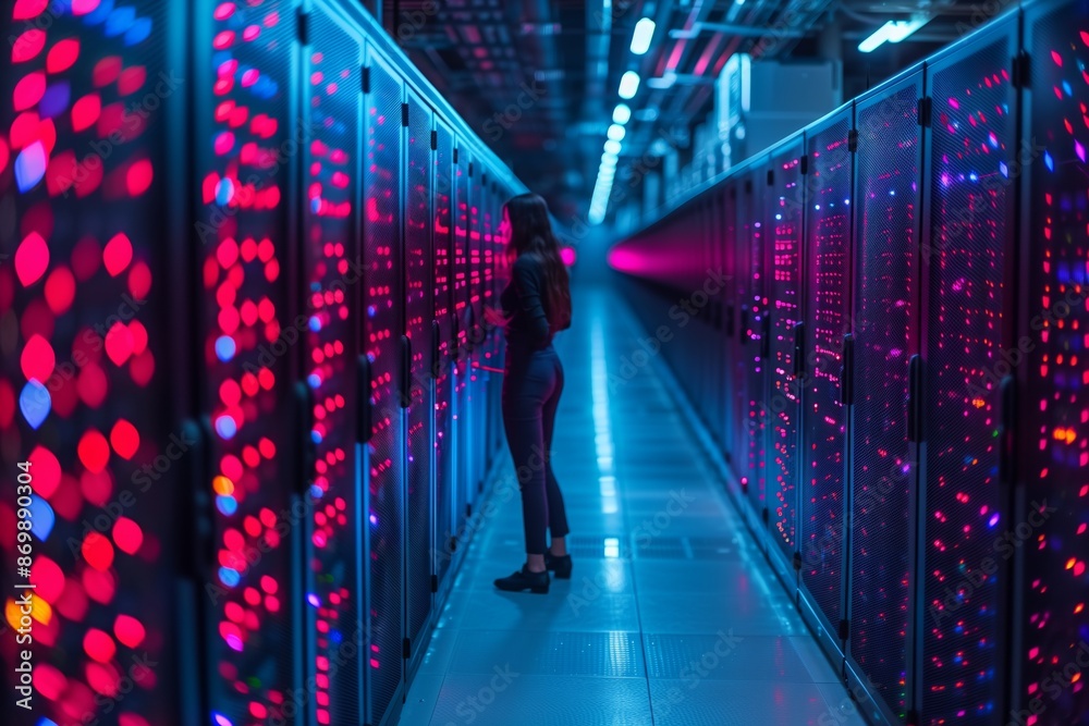 Fototapeta premium Woman Standing In A Data Center Server Room