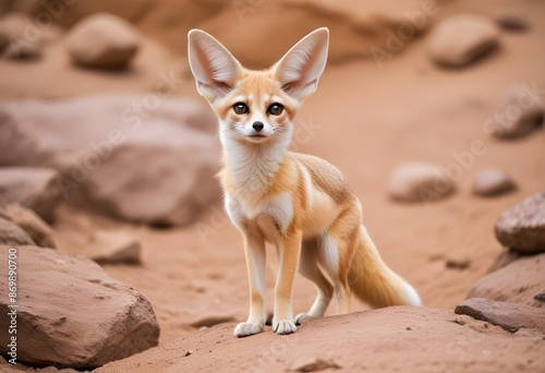A small orange cute lovely fennec with large pointed ears standing on a rocky ground, looking alert and curious