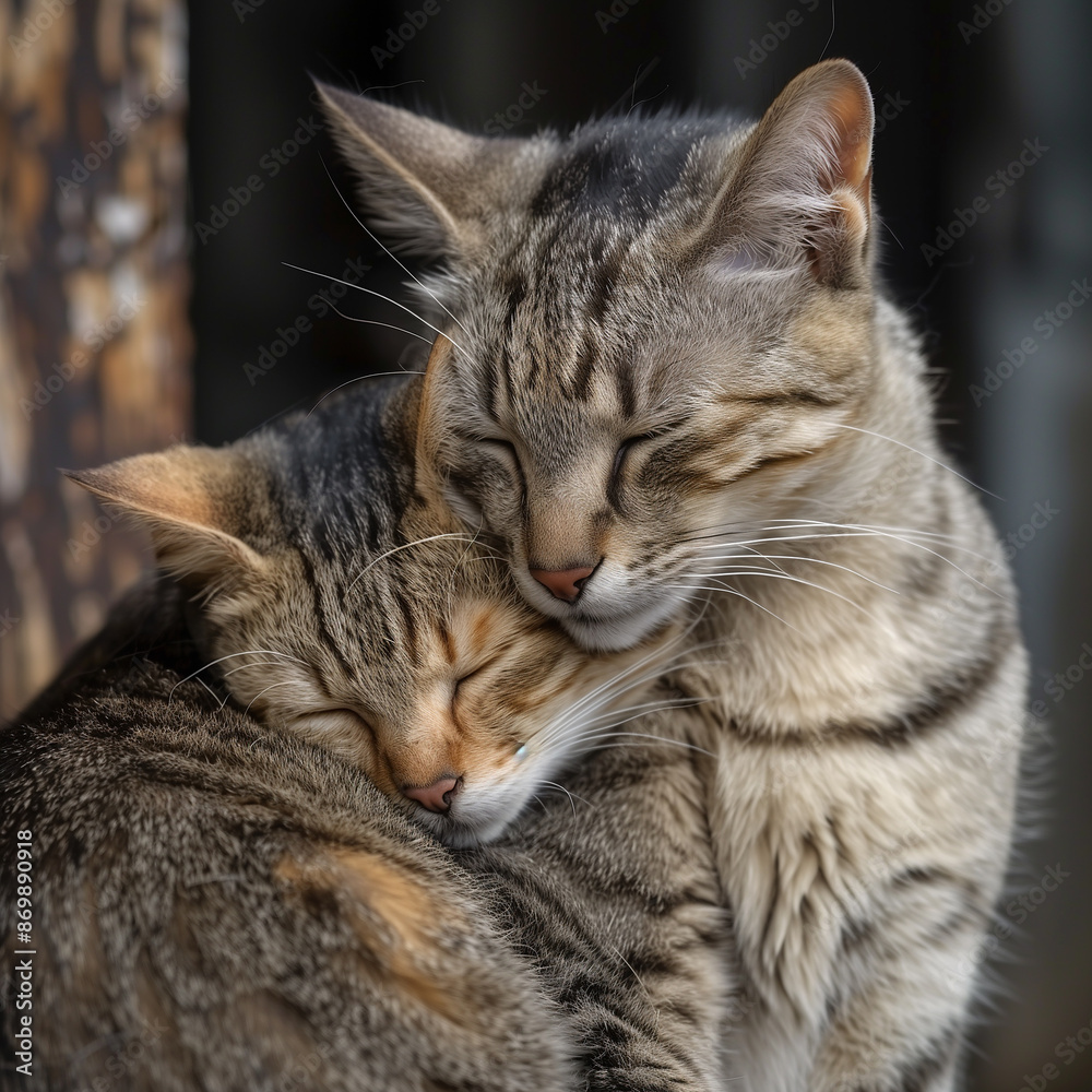 Two gray tabby cats hug each other. Friendship. Square frame. Two gray tabby cats hug each other. Friendship. Square frame.