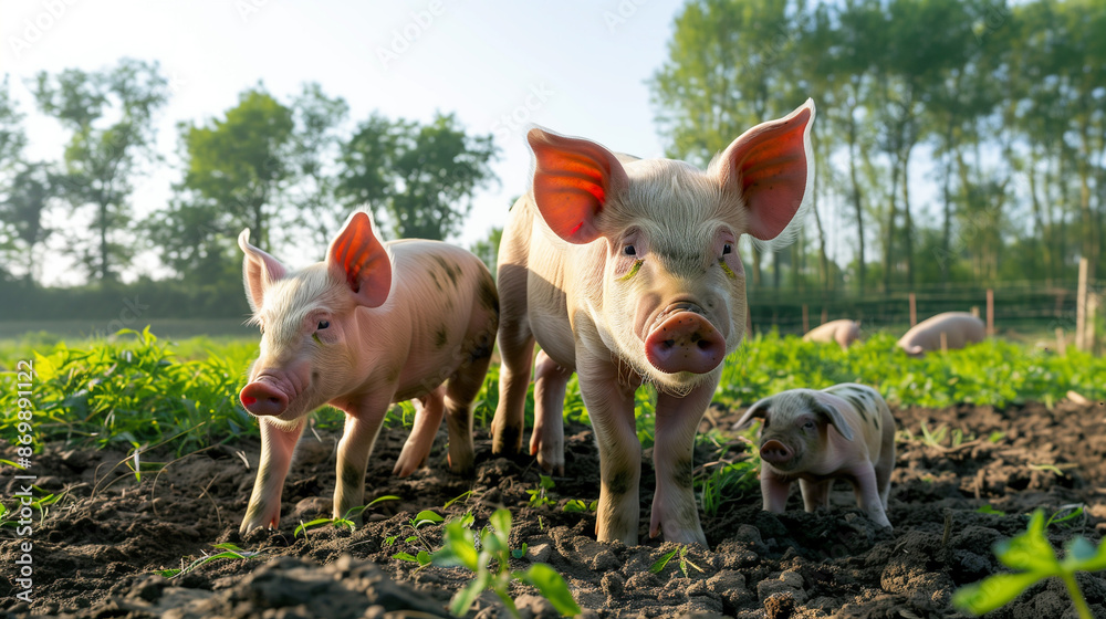 A pig with piglets on a farm is on the grass outside looking to the camera A pig with piglets on a farm is on the grass outside looking to the camera